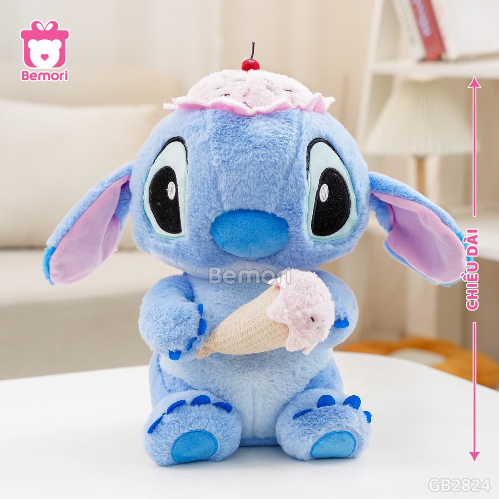 Cách đo kích thước của Gấu Bông Stitch Ngồi Đội Mũ Ôm Kem