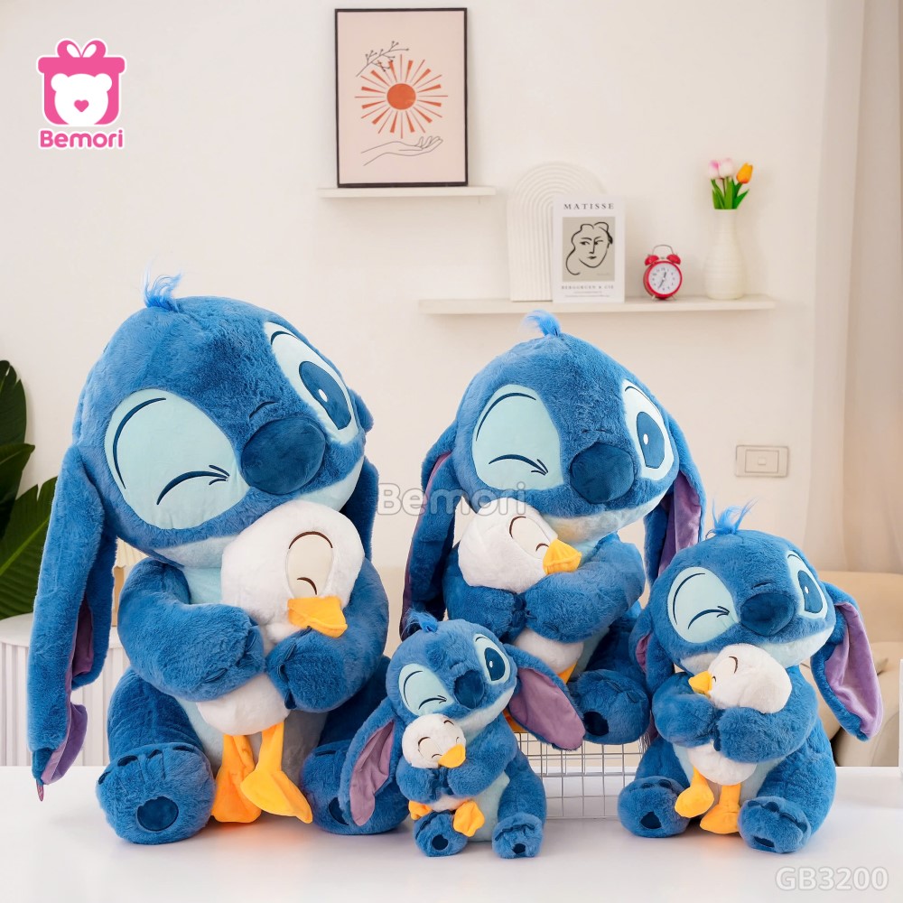 Gấu Bông Stitch Xanh Ôm Vịt có 4 size kích thước 30 cm, 45cm, 60cm và 80cm