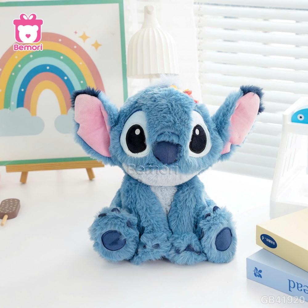 Gấu Bông Stitch Ngồi Đội Hoa Lông Xù