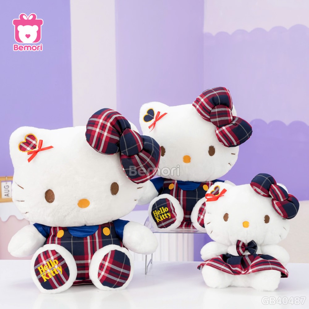 Gấu Bông Hello Kitty Váy Kẻ Chân Thêu
