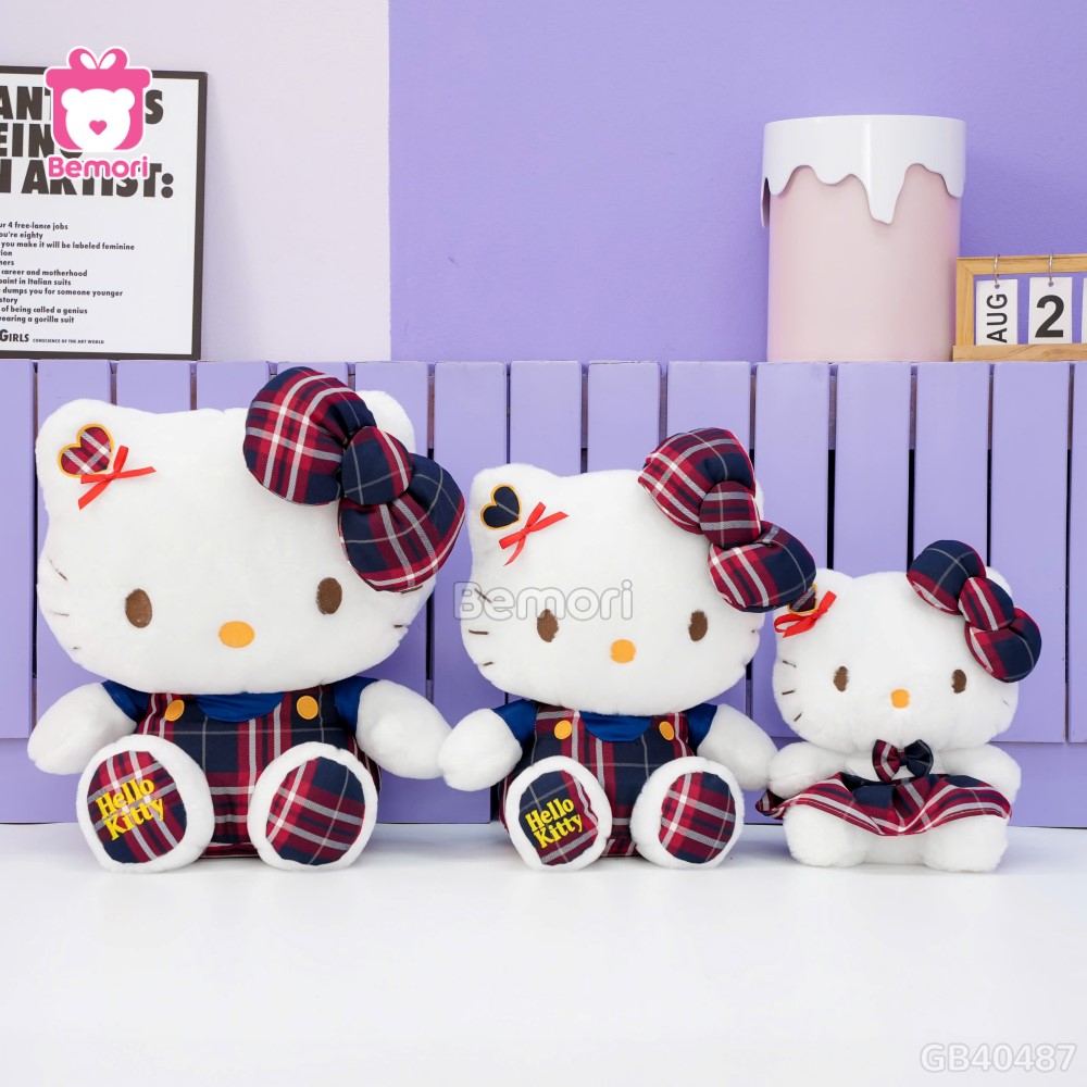 Gấu Bông Hello Kitty Váy Kẻ Chân Thêu