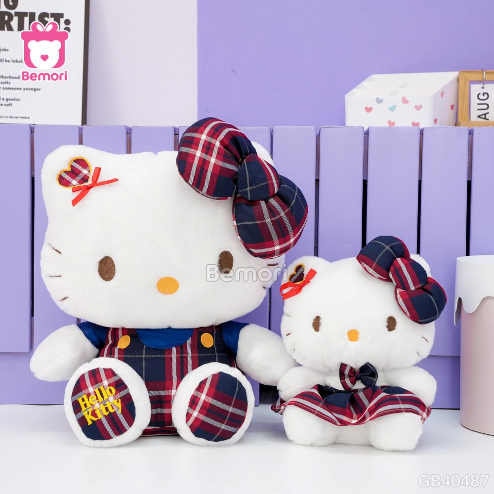 Gấu Bông Hello Kitty Váy Kẻ Chân Thêu