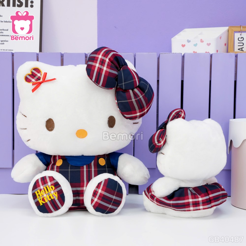Gấu Bông Hello Kitty Váy Kẻ Chân Thêu