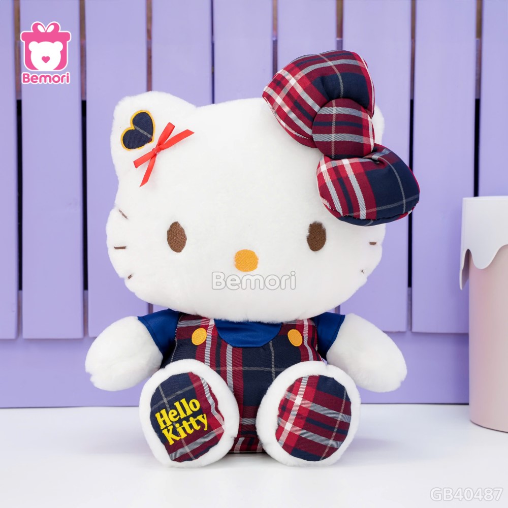Gấu Bông Hello Kitty Váy Kẻ Chân Thêu