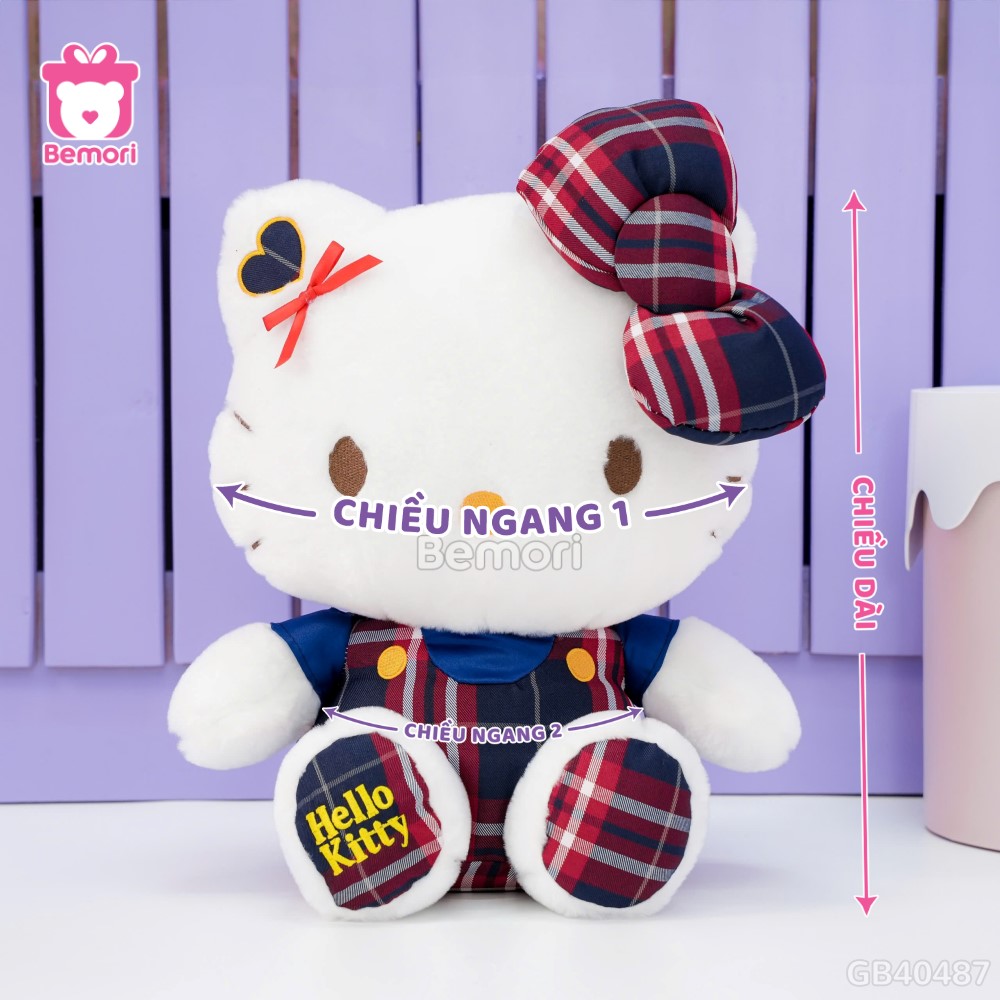 Gấu Bông Hello Kitty Váy Kẻ Chân Thêu