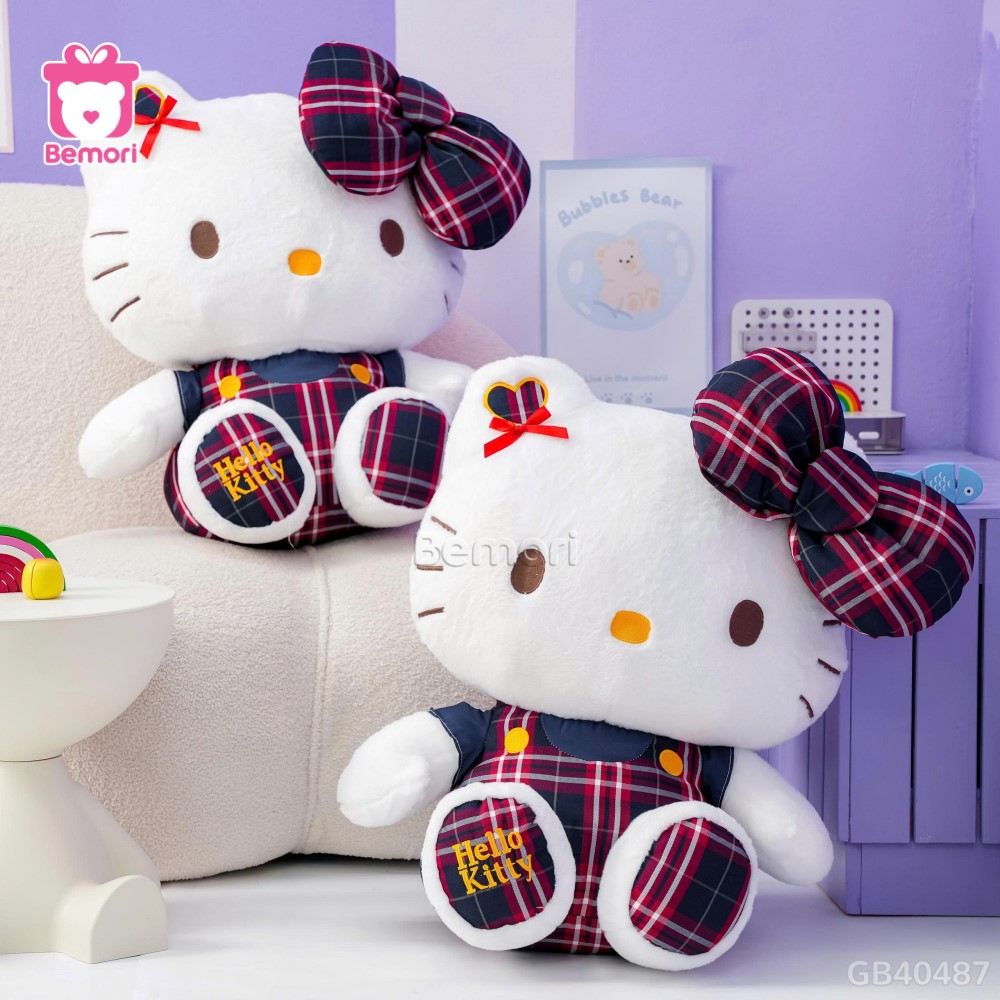 Gấu Bông Hello Kitty Yếm Váy Caro