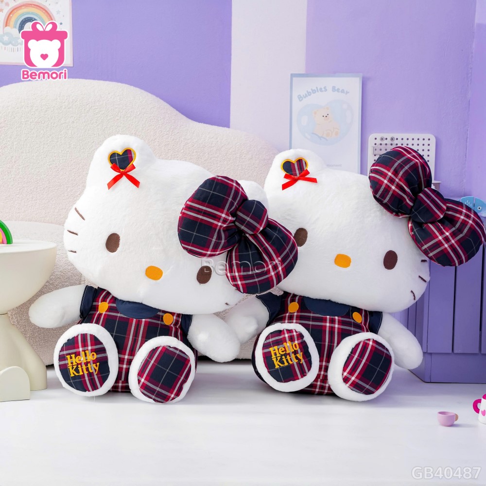 Gấu Bông Hello Kitty Yếm Váy Caro