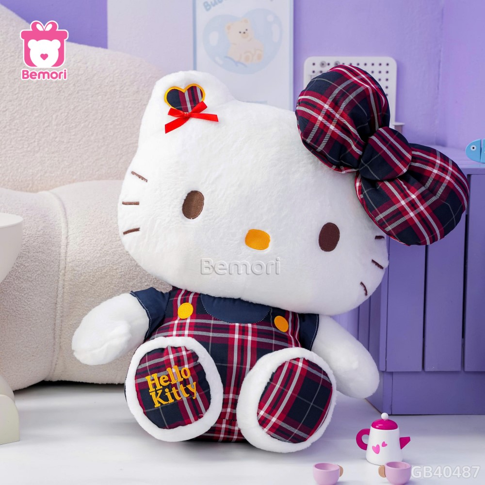 Gấu Bông Hello Kitty Yếm Váy Caro
