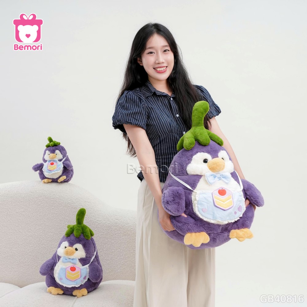 Gấu Bông Cánh Cụt Cà Tím Mặc Yếm Xanh Dương