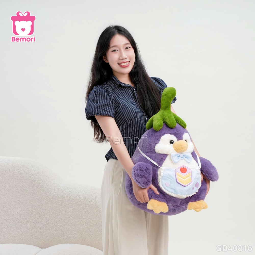 Gấu Bông Cánh Cụt Cà Tím Mặc Yếm Xanh Dương