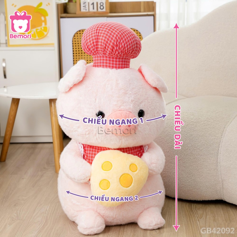 Cách đo kích thước của Heo Bông Mũ Yếm Kẻ Cầm Cheese