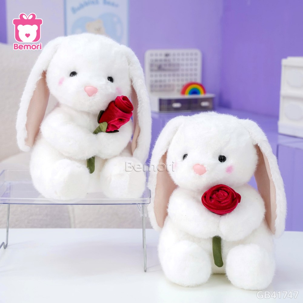 Thỏ Bông Ngồi Ôm Hoa Hồng