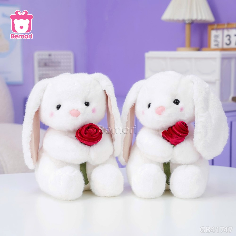 Thỏ Bông Ngồi Ôm Hoa Hồng