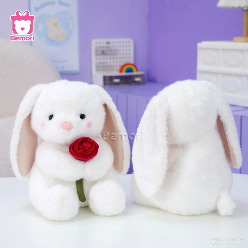 Thỏ Bông Ngồi Ôm Hoa Hồng