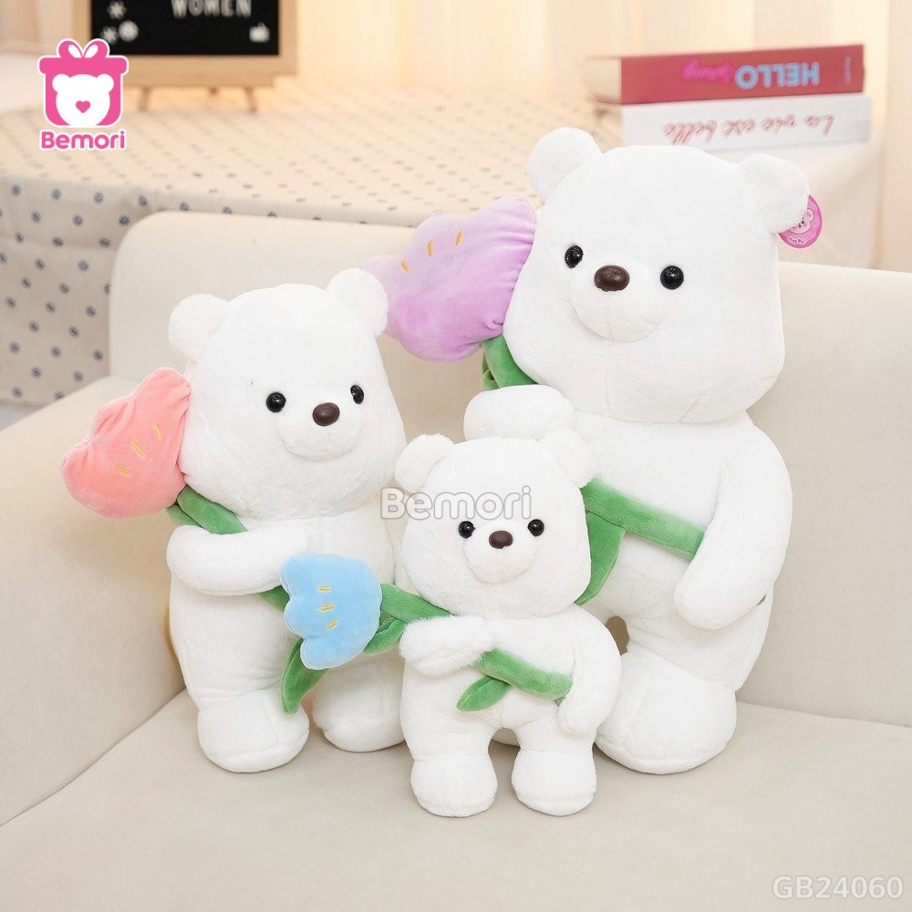 Gấu Bông Trắng Ôm Hoa